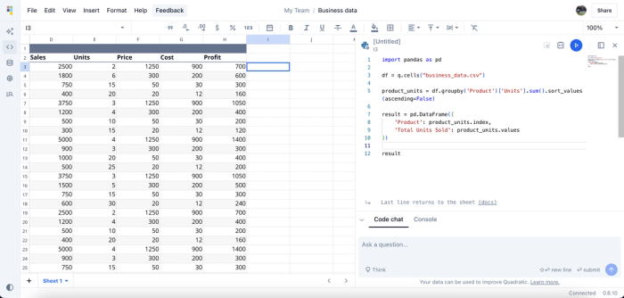 Writing code in Quadratic spreadsheet