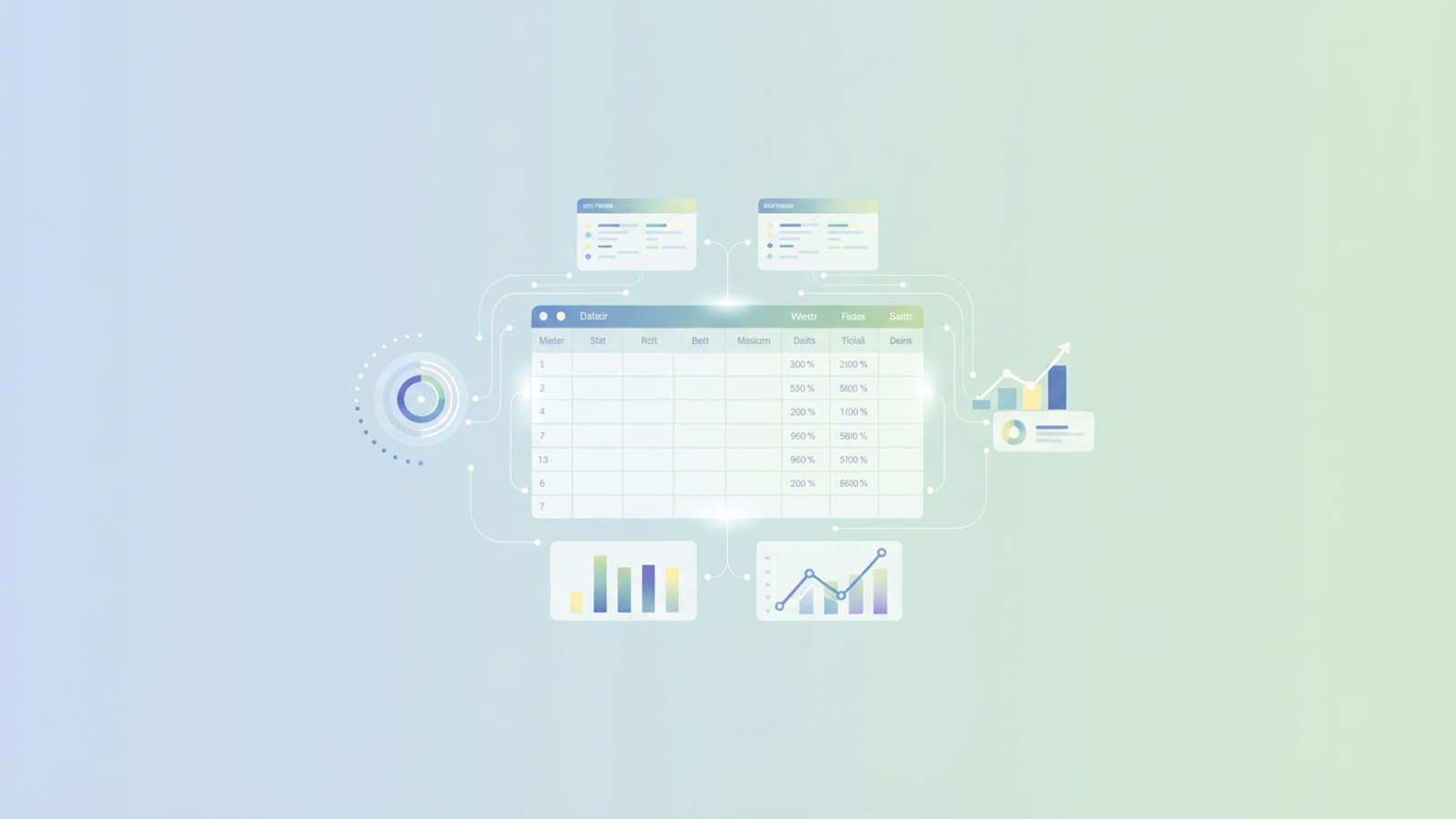 Soft geometric forms and subtle grid patterns converge on a gradient field, depicting the structured and analytical power of AI in clinical data management.