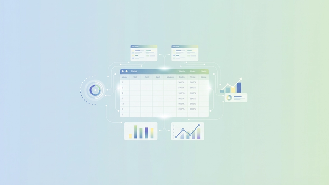 Soft geometric forms and subtle grid patterns converge on a gradient field, depicting the structured and analytical power of AI in clinical data management.