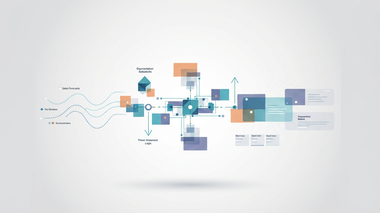 An abstract illustration of layered geometric shapes and soft gradient forms connected by subtle lines depicts structured data flow and integrated systems for comprehensive fp&a modeling.