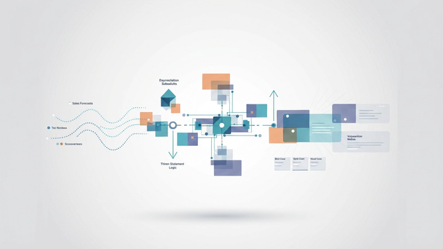 An abstract illustration of layered geometric shapes and soft gradient forms connected by subtle lines depicts structured data flow and integrated systems for comprehensive fp&a modeling.