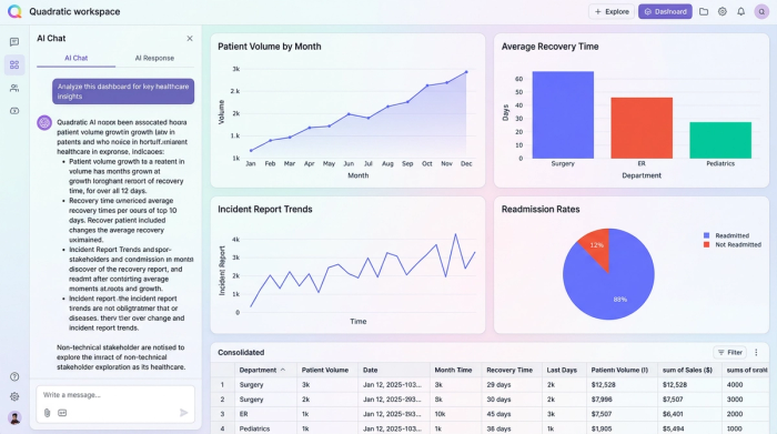 A healthcare analytics dashboard with four charts: a bar chart for patient volume, a line chart for recovery rates, a pie chart for incident types, and a number display for readmission rate.