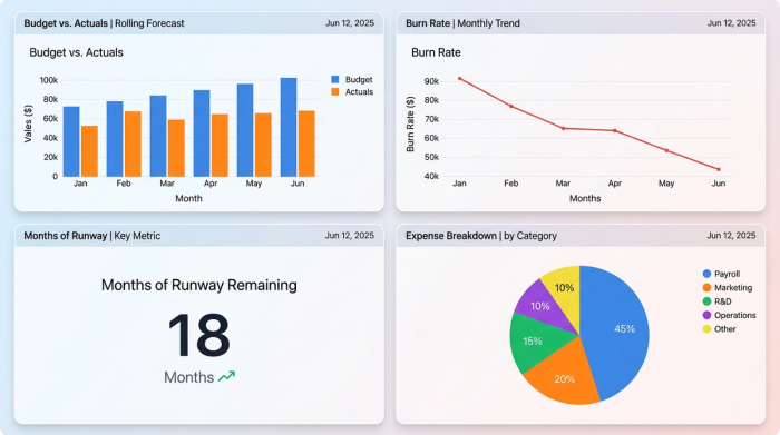 A dashboard with four charts: a bar chart comparing budget to actuals, a line chart showing burn rate over time, a KPI showing 'months of runway', and a pie chart of expense categories.