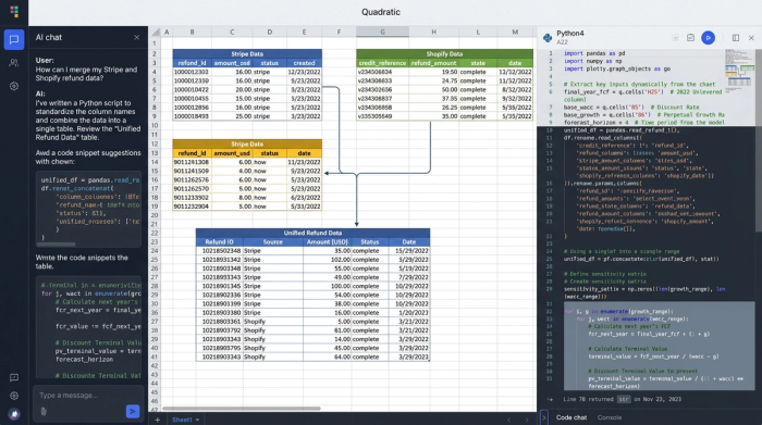 An abstract representation of data transformation. Shows multiple data tables and a code cell being combined into a single, organized table, illustrating data unification.