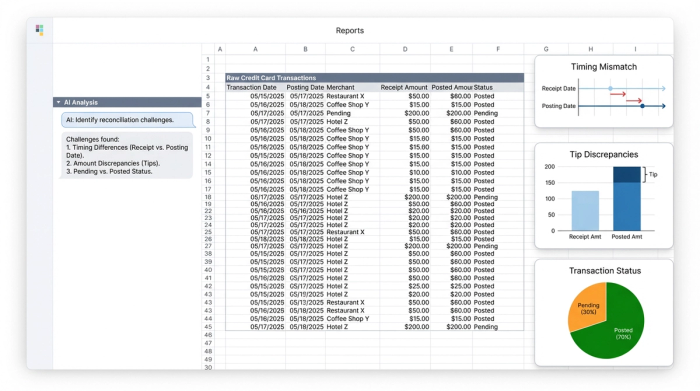 An abstract representation of a data table surrounded by three charts. The charts illustrate common financial data discrepancies: timing lags, amount differences, and transaction status.