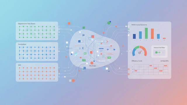 A minimalist abstract composition of overlapping translucent geometric shapes, soft gradients, and subtle data lines converging, symbolizing a cohesive system for video marketing analytics and operational performance tracking.