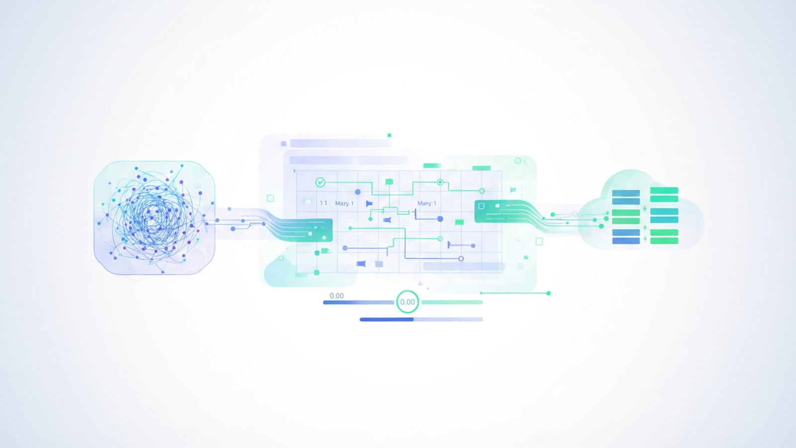 An abstract arrangement of geometric shapes and soft gradients connected by subtle lines visually organizes the complex logic required for chart of accounts mapping.