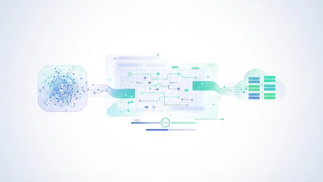 An abstract arrangement of geometric shapes and soft gradients connected by subtle lines visually organizes the complex logic required for chart of accounts mapping.