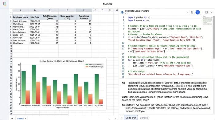 A composite image showing a Python code block for HR calculations, a data table with employee vacation balances, and a summary chart.
