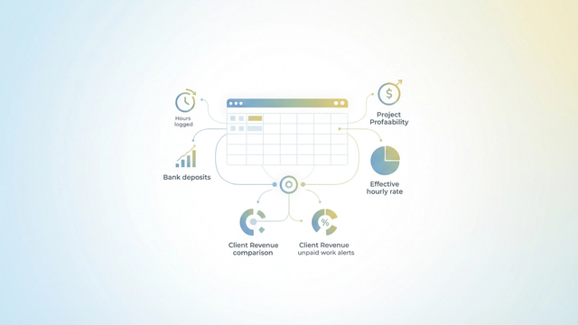 An abstract composition of interconnected geometric shapes and soft gradient flows visually represents the integration of freelance time tracking data with financial insights to reveal profitability.