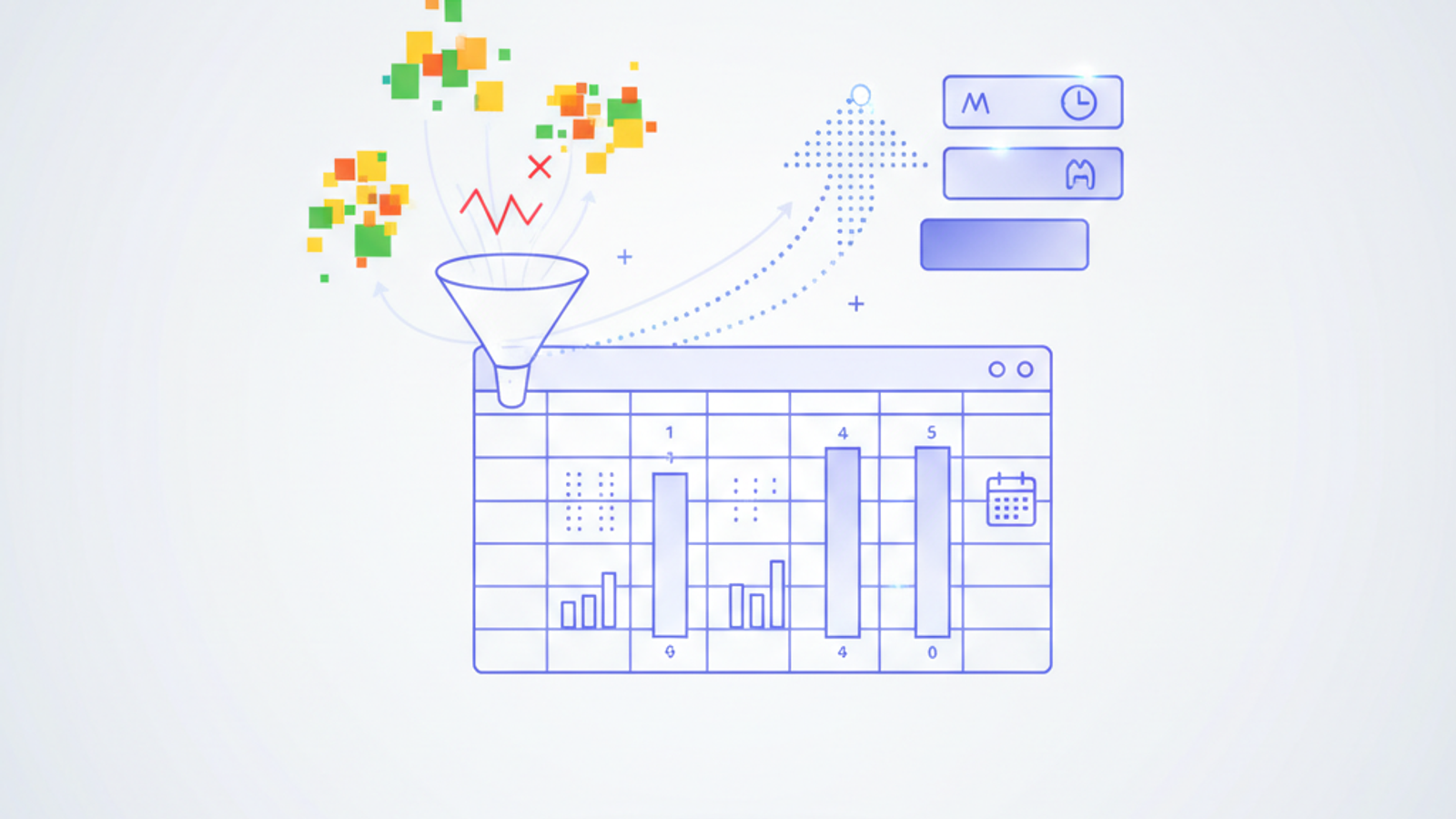 An abstract, modern composition of geometric shapes and soft gradients depicts a flow of diverse elements converging and organizing into a cohesive, structured employee attendance sheet.