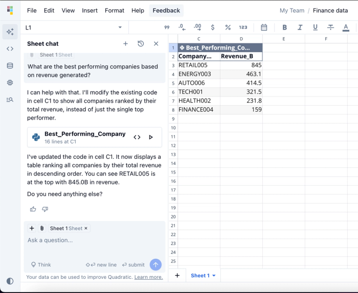 Using AI for data analysis in Quadratic