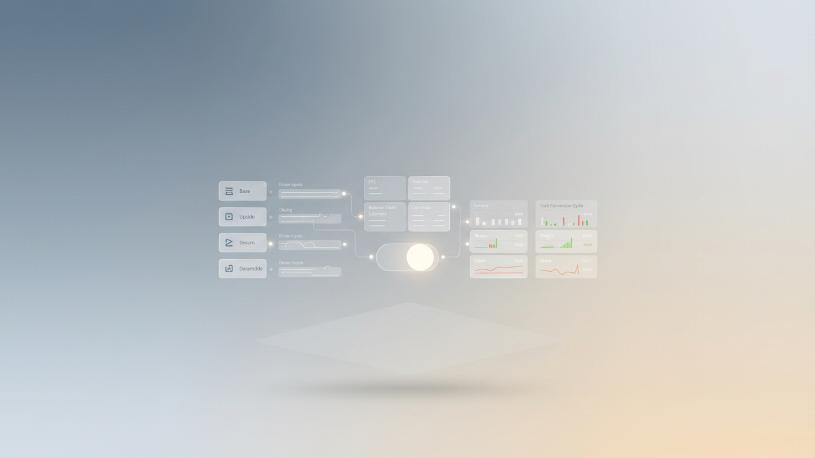 An abstract, modern SaaS hero image displays interconnected geometric panels with soft gradient shifts, illustrating dynamic data flows and comparative outcomes central to scenario analysis.