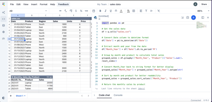 Code editor in Quadratic with pre-installed data analysis Python libraries