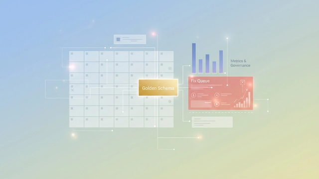 An abstract composition features a central, structured grid of soft-gradient geometric forms, with subtle lines indicating data flow and highlighted elements representing robust data validation and error management.