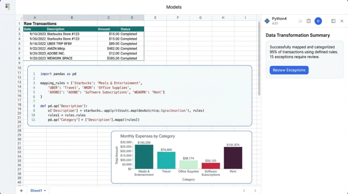 A stylized layout showing data analysis components: several charts, a grid with data tables, and a block of Python code, representing a transparent and auditable workflow.