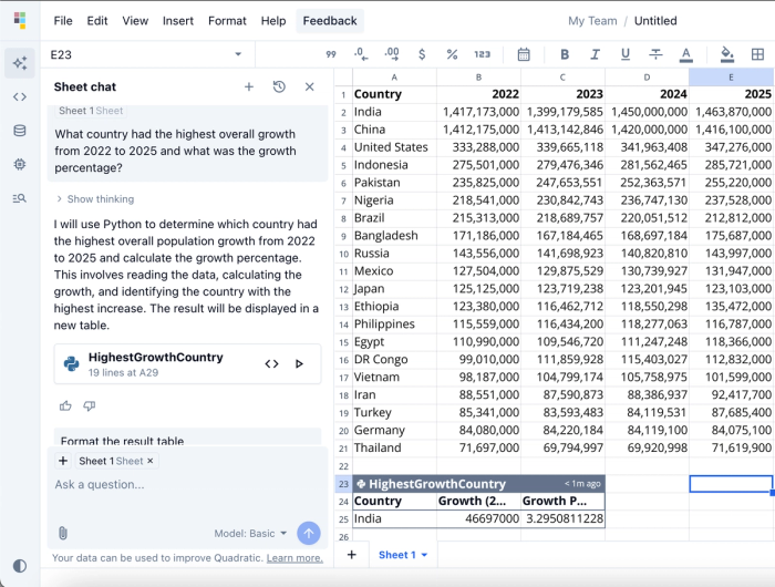 AI data analysis for education in Quadratic