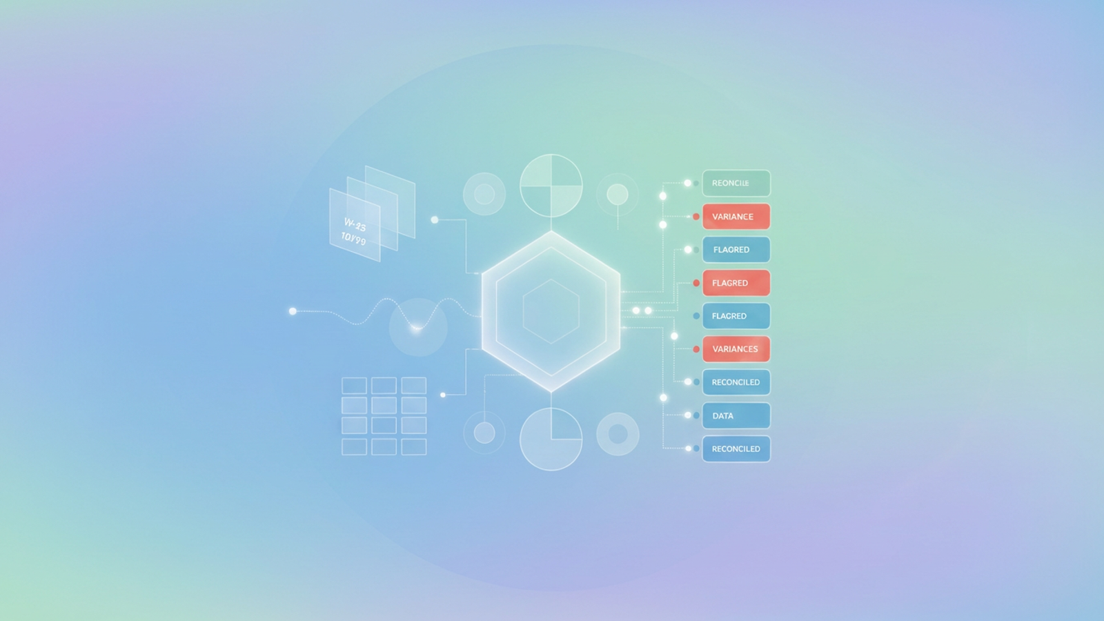 An abstract digital landscape features interconnected geometric shapes representing various financial data sources, with subtle highlights indicating discrepancies, all harmoniously flowing together for efficient tax reconciliation.