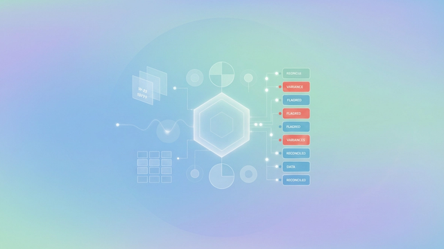 An abstract digital landscape features interconnected geometric shapes representing various financial data sources, with subtle highlights indicating discrepancies, all harmoniously flowing together for efficient tax reconciliation.