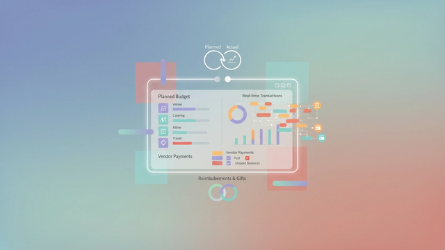 An abstract composition of soft-gradient geometric shapes and subtle lines suggests the structured flow of financial data into an organized wedding spending spreadsheet.