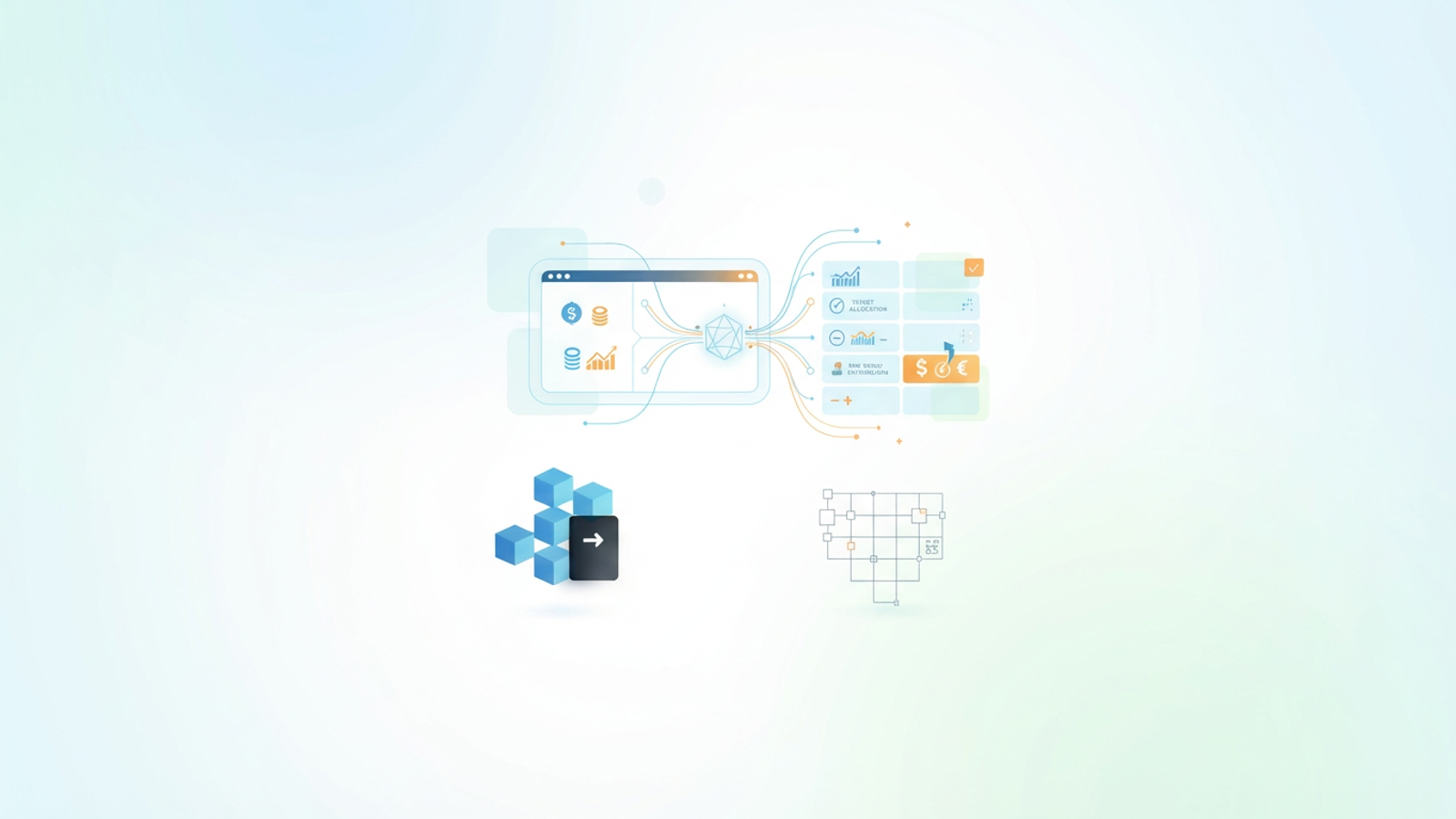 Abstract geometric shapes in soft gradients and negative space are subtly linked by lines, illustrating the data flow and structured logic of a custom portfolio rebalancing tool.
