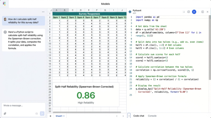 A spreadsheet interface showing a data table, a Python code cell performing the split-half reliability calculation, and the resulting reliability score displayed as a number and a chart.