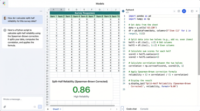A spreadsheet interface showing a data table, a Python code cell performing the split-half reliability calculation, and the resulting reliability score displayed as a number and a chart.