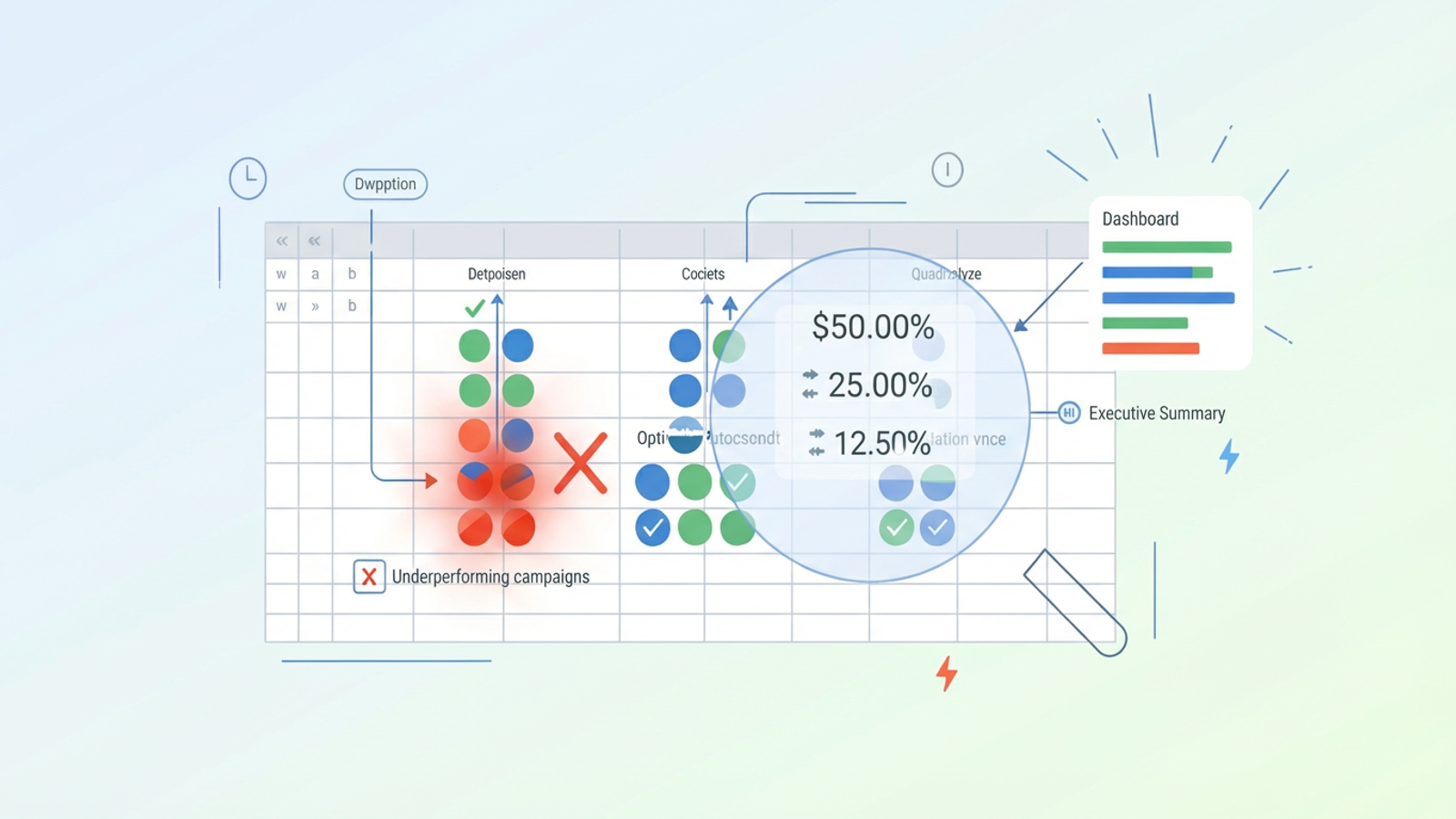 A minimalist abstract composition with soft gradients features organized geometric shapes and connecting lines, representing the transformation of complex data into clear signals for optimizing advertising cost of sales.