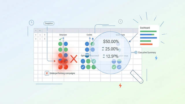 A minimalist abstract composition with soft gradients features organized geometric shapes and connecting lines, representing the transformation of complex data into clear signals for optimizing advertising cost of sales.