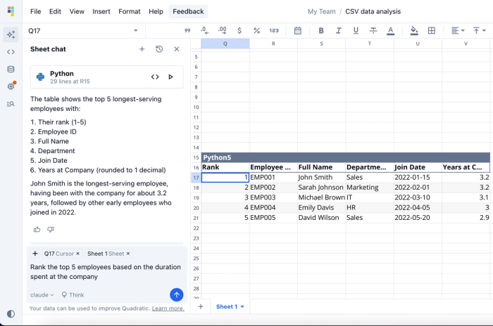 Analyse CSV data related to the longest serving employee