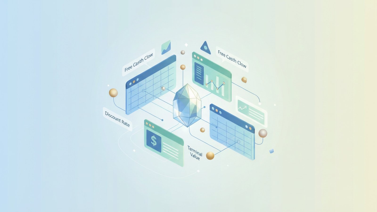 An abstract composition of interconnected geometric shapes in soft gradients, subtly illustrating the structured flow of financial data for discounted cash flow models.