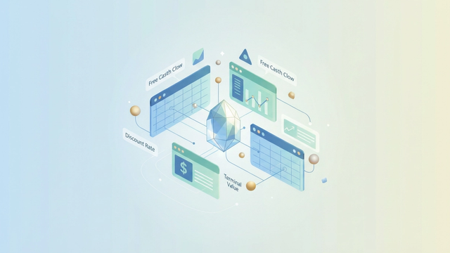 An abstract composition of interconnected geometric shapes in soft gradients, subtly illustrating the structured flow of financial data for discounted cash flow models.