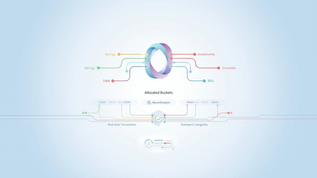 An abstract illustration features interconnected geometric shapes representing financial categories, with soft gradient data flows between them for dynamic zero-based budgeting allocation and tracking.