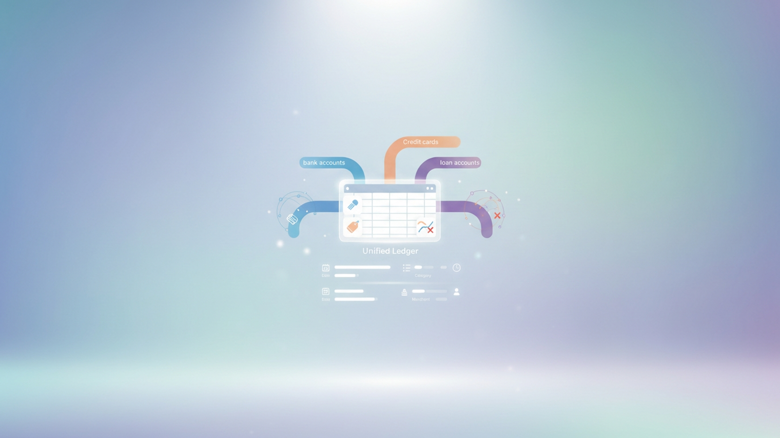 An abstract composition of interconnected geometric shapes and soft gradient flows illustrates efficient transaction tracking and consolidated financial data within a clear, organized system.