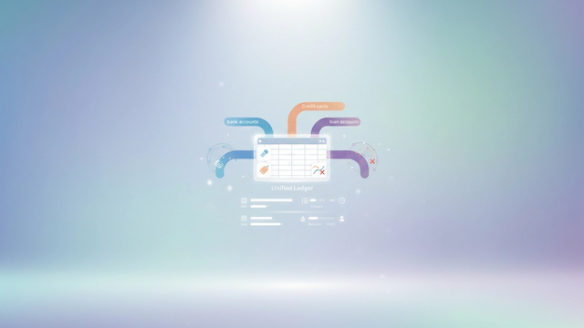 An abstract composition of interconnected geometric shapes and soft gradient flows illustrates efficient transaction tracking and consolidated financial data within a clear, organized system.