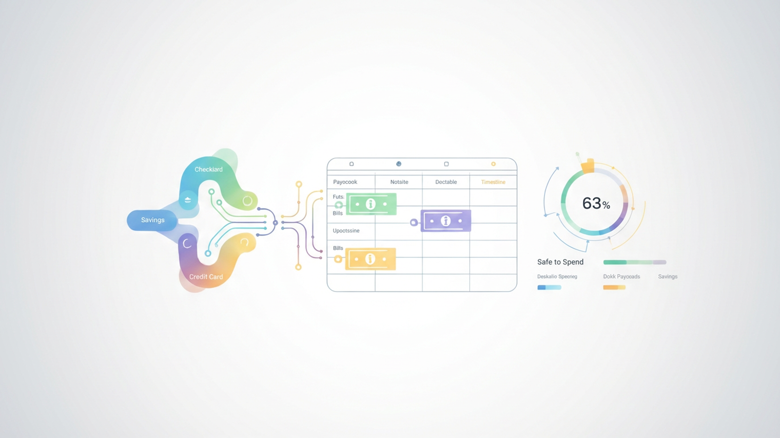 An abstract composition of interconnected geometric shapes in soft gradient colors, representing the structured data flow and automated allocations of a paycheck budget planner.