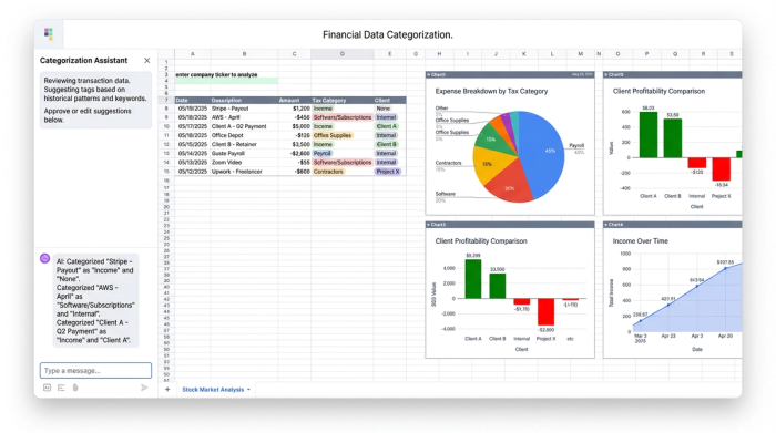 A central data table of financial transactions is surrounded by three charts visualizing the data: a pie chart of expenses, a bar chart of client profitability, and a line chart of income.