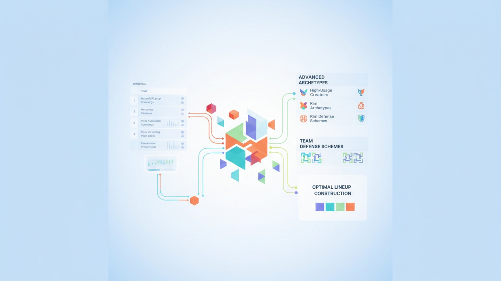 An abstract composition features a network of soft-gradient geometric shapes connected by subtle data lines, representing the dynamic analysis of NBA fantasy injuries for strategic lineup construction.