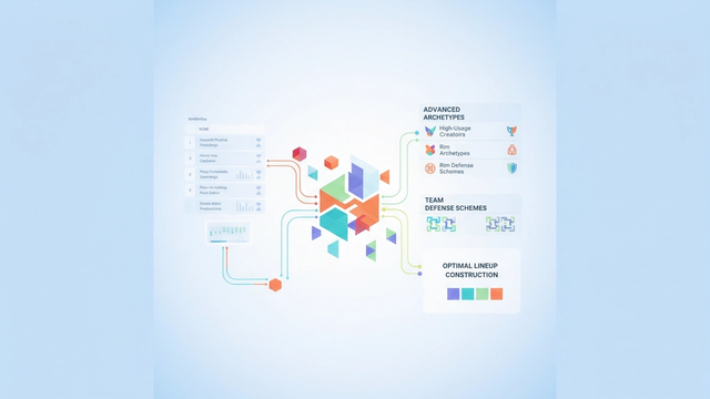 An abstract composition features a network of soft-gradient geometric shapes connected by subtle data lines, representing the dynamic analysis of NBA fantasy injuries for strategic lineup construction.