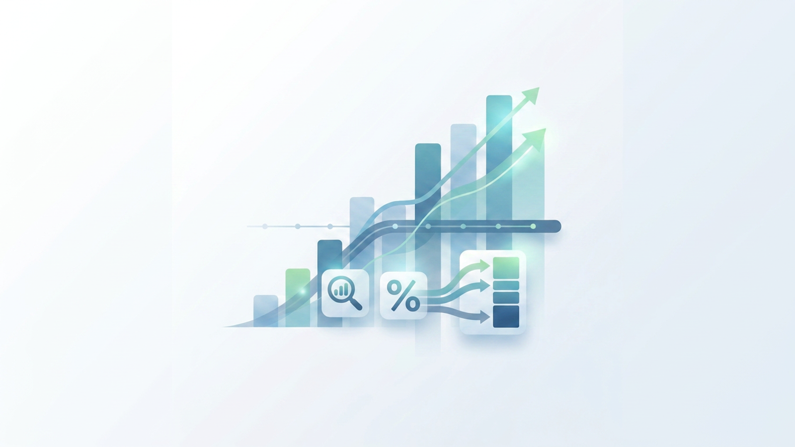 Layered geometric planes and ascending translucent columns in soft teal and blue gradients represent a structured p&l statement analysis, accented by subtle glowing lines of financial data flow on a clean, minimal background.