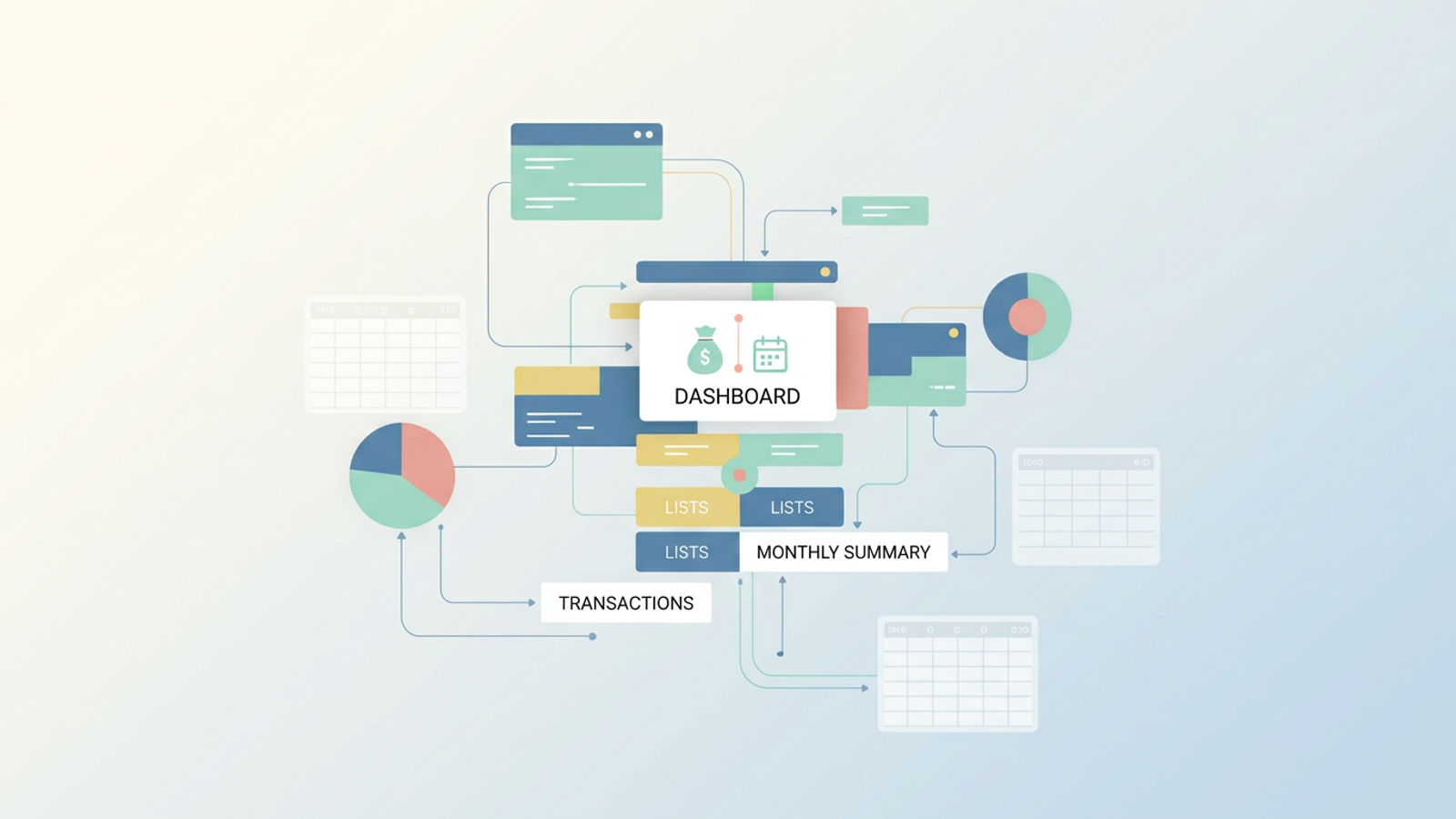 Geometric shapes in soft pastel gradients, subtly connected by faint lines, float in negative space, representing the structured data and dynamic insights of a modern personal finance tracker dashboard.