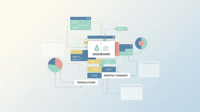Geometric shapes in soft pastel gradients, subtly connected by faint lines, float in negative space, representing the structured data and dynamic insights of a modern personal finance tracker dashboard.