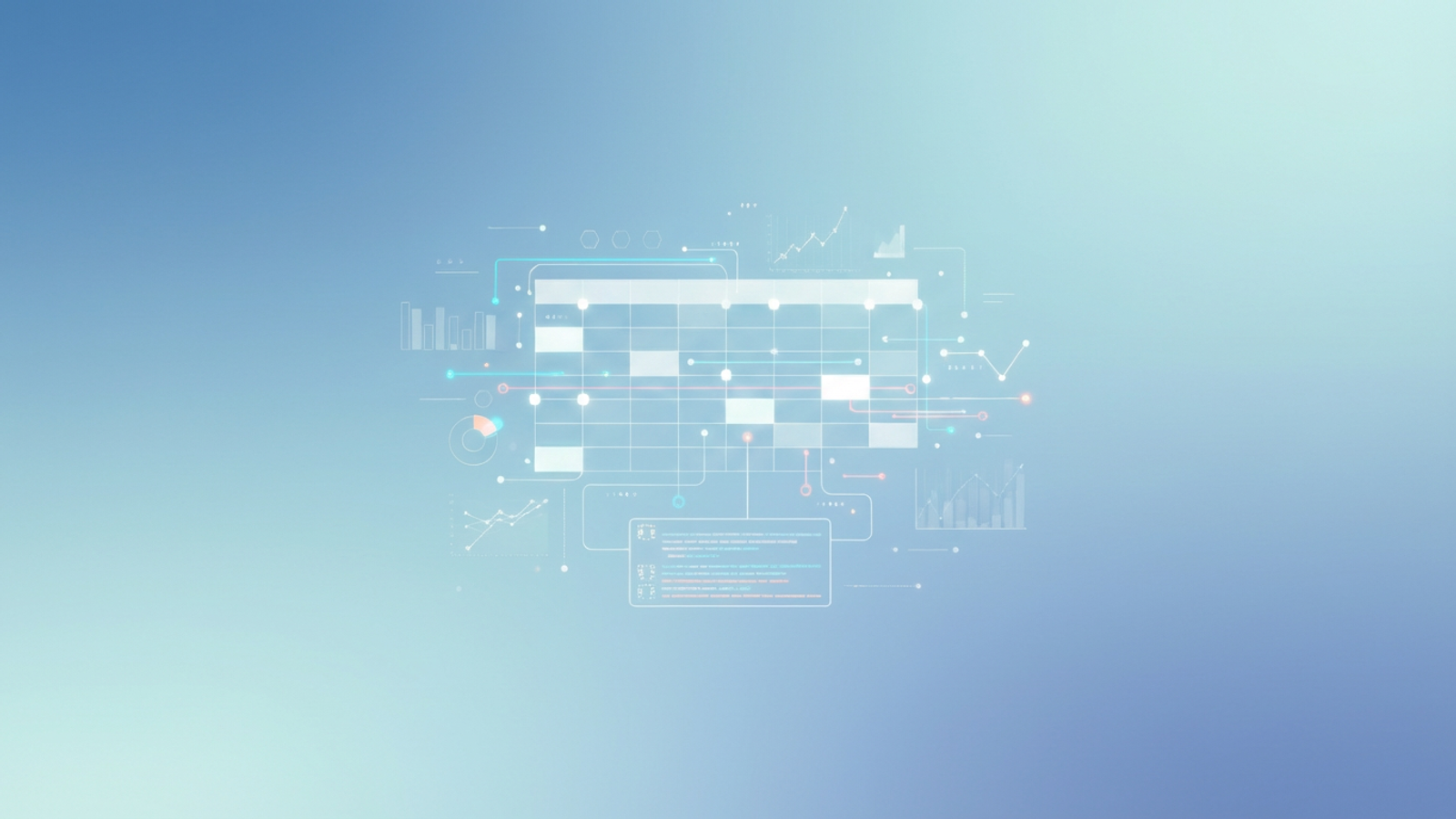 A minimalist abstract design shows interconnected geometric shapes in soft blue and purple gradients, with subtle lines and a faint grid suggesting structured data organization for effective hotel market analysis.