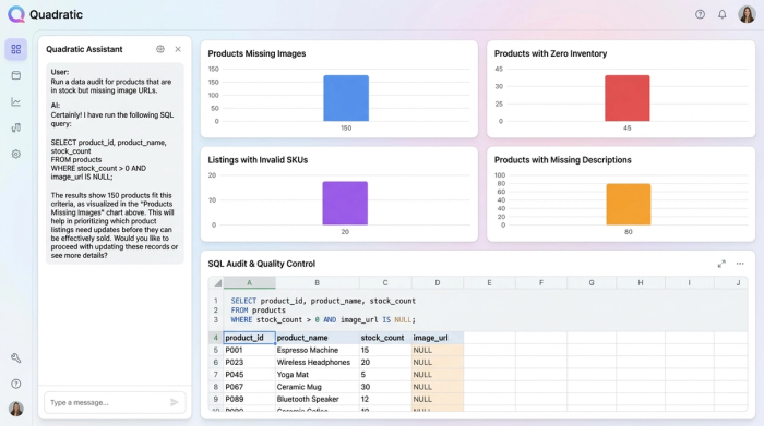 A dashboard with four charts that summarize data quality issues: products missing images, products with zero inventory, listings with invalid SKUs, and products with missing descriptions.