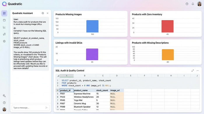 A dashboard with four charts that summarize data quality issues: products missing images, products with zero inventory, listings with invalid SKUs, and products with missing descriptions.