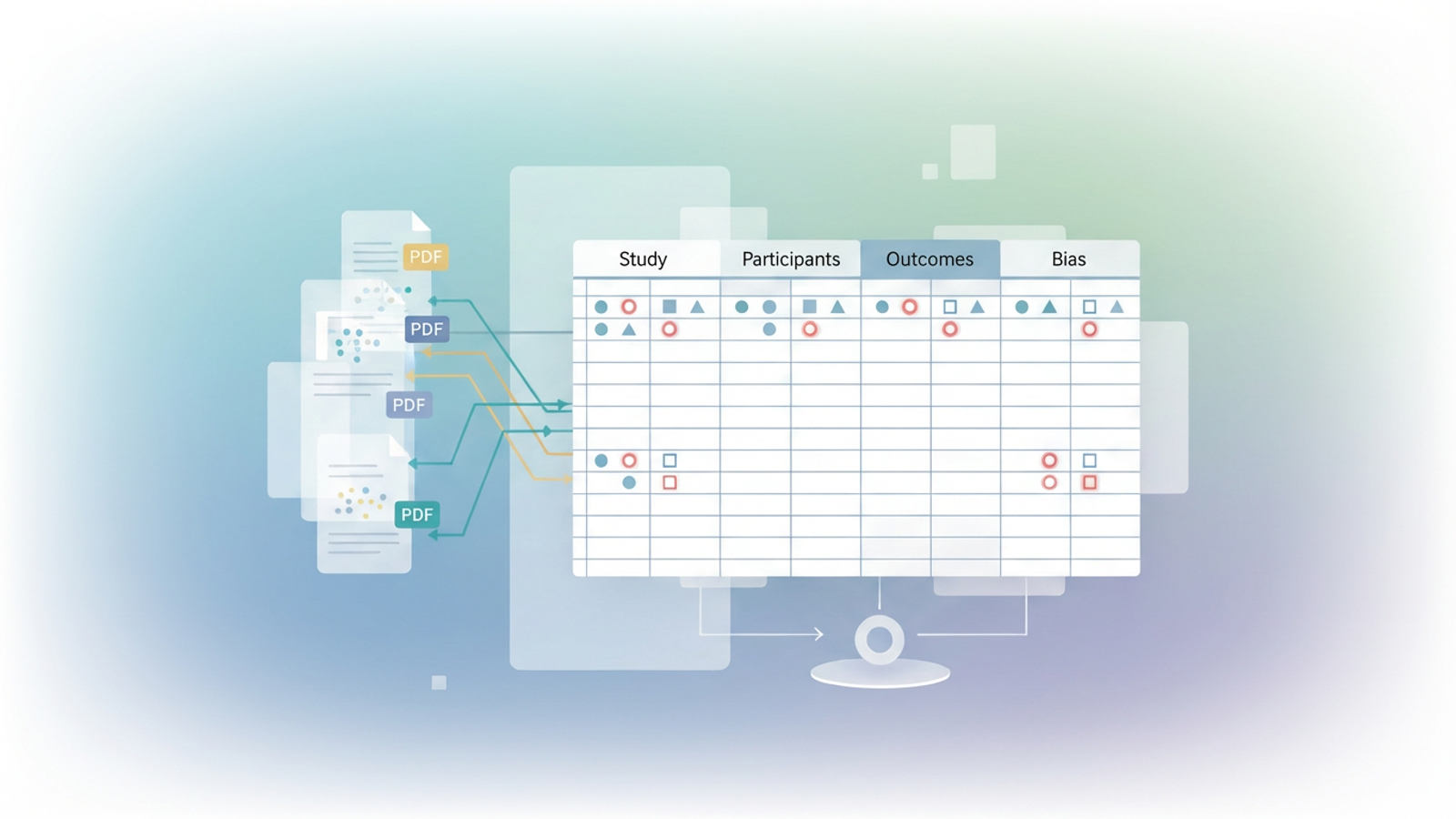An abstract image presents an organized arrangement of geometric shapes and soft gradient lines, forming a multi-paneled grid for streamlined clinical trial data extraction.