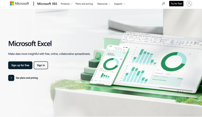 Microsoft Excel homepage