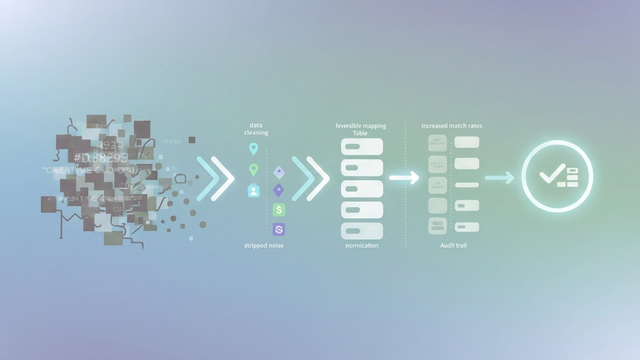 A minimalist abstract composition features a dynamic flow of complex geometric shapes visibly transforming into distinct, simplified, and aligned data blocks, for cleaning transaction descriptions in financial data.