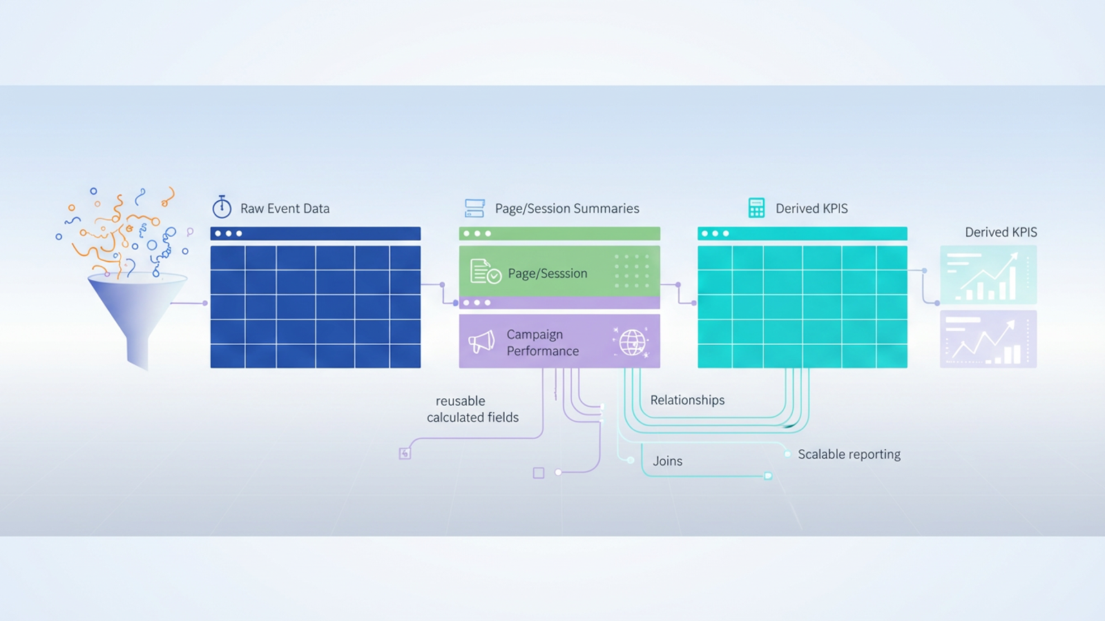 An abstract, modern composition with overlapping, translucent geometric forms and flowing lines visually represents the organized structure and interconnectedness of a google analytics data model.
