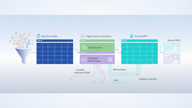 An abstract, modern composition with overlapping, translucent geometric forms and flowing lines visually represents the organized structure and interconnectedness of a google analytics data model.